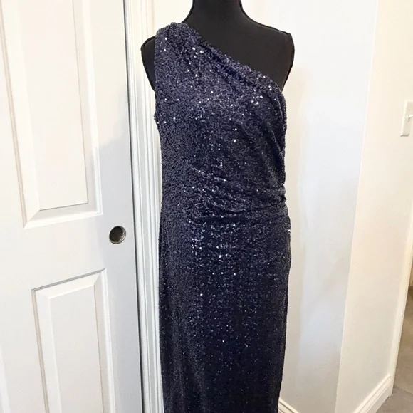 Lauren Ralph Lauren Evening - Navy Sequin One Shoulder Full Length Gown Size 14 - Picture 2 of 8